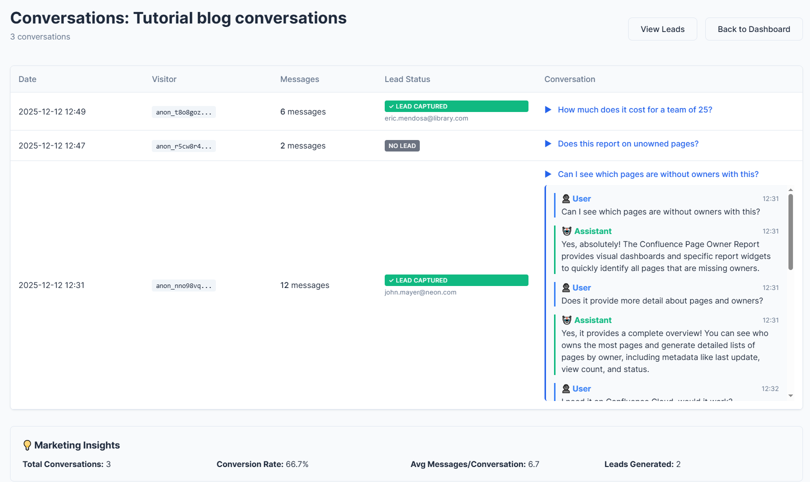 ConvertSling Lead Dashboard - Track conversations and captured leads